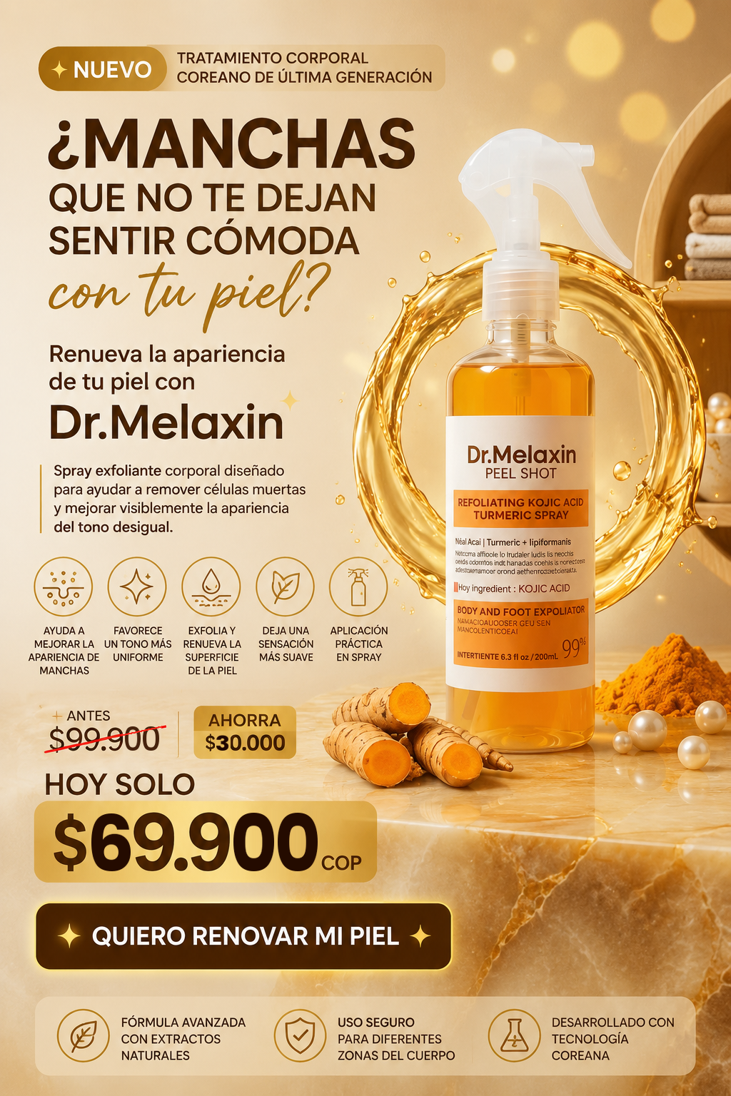 Dr.Melaxin Peel Shot, spray exfoliante corporal coreano con ácido kójico y cúrcuma.